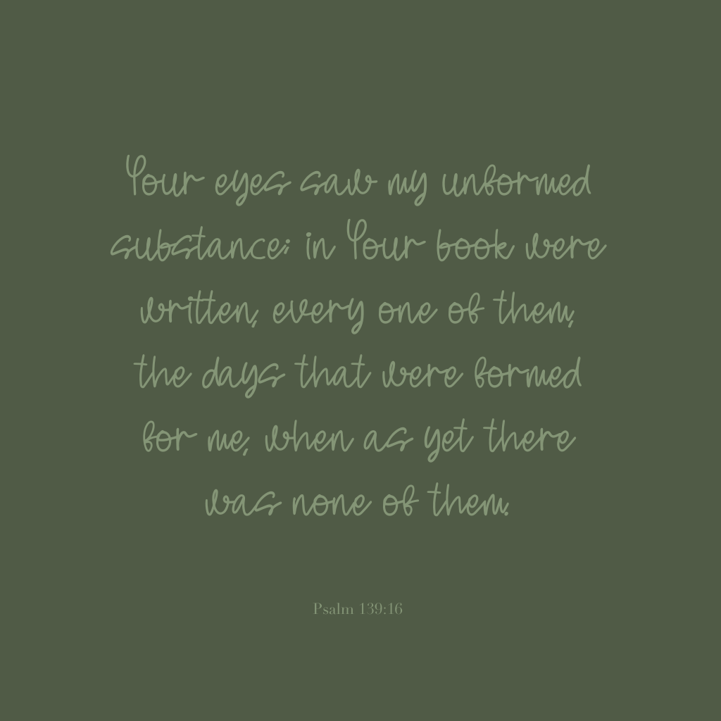 Your eyes saw my unformed substance; in Your book were written, every one of them, the days that were formed for me, when as yet there was none of them. 

Psalm 139:16