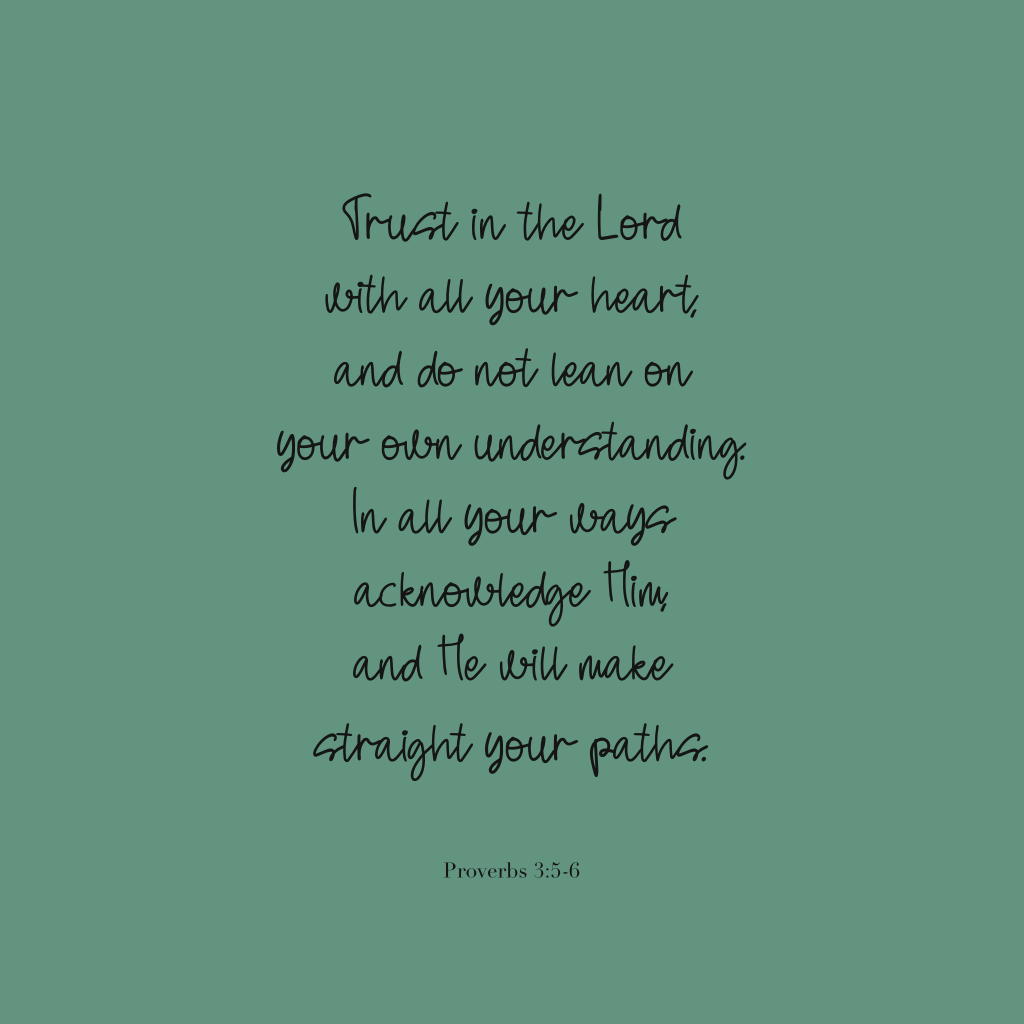 "Trust in the Lord with all your heart, and do not lean on your own understanding. In all your ways acknowledge Him, and He will make straight your paths."
Proverbs 3:5-6